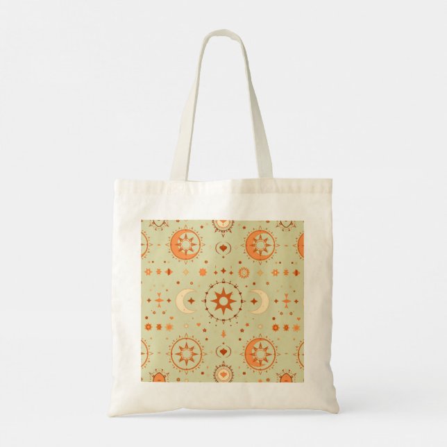Celestial Boho Tote Bag | Sol och Måne Mönster Tygkasse (Baksida)