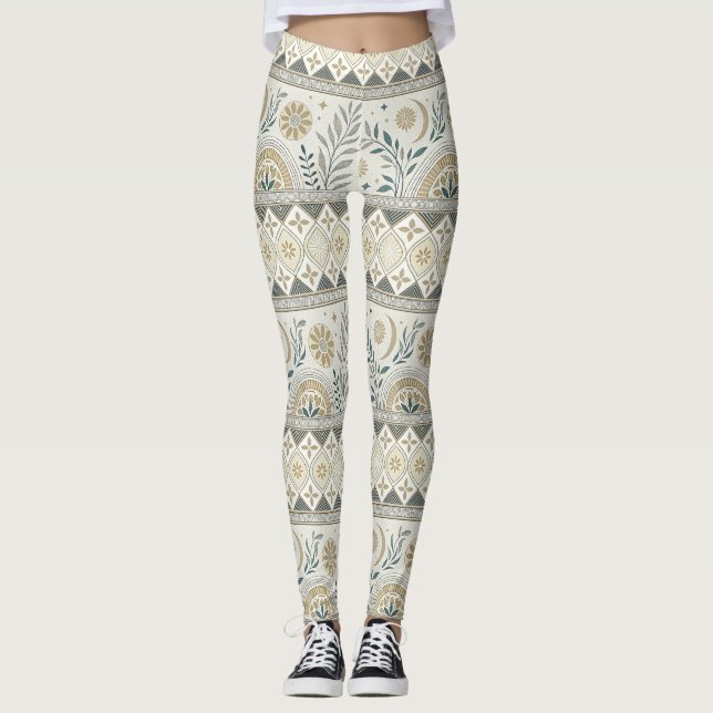 Celestial Botanisk folkart Seamless Mönster Leggings (Framsida)