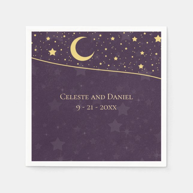 Celestial Bröllop Deep Purple Stjärnor och Måne Pappersservett (Framsidan)
