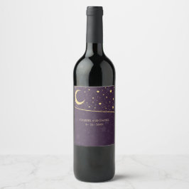 Celestial Bröllop Deep Purple Stjärnor och Måne Vinflaska Etikett