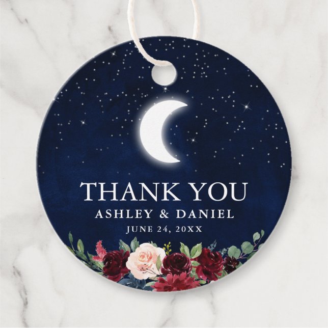 Celestial Bröllop Måne Stars Blommigt runda Gåvor Etiketter (Framsida)