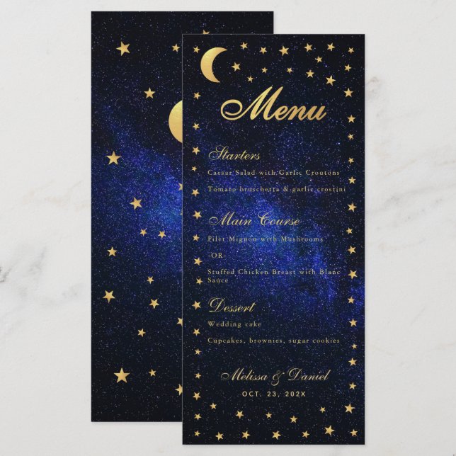 Celestial Bröllop Menu - Elegant Blue Guld Stars Meny (Fram/baksida)
