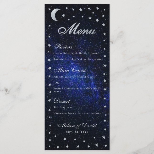 Celestial Bröllop Menu Måne och Stars Calligraphy Meny (Framsida)