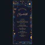 Celestial Bröllop Menu med Guest Namn Meny<br><div class="desc">Lägg till lite magi till din mottagning med den här roliga bröllop-menyn som innehåller varje gästs namn i elegant-skript. Den djupa marinbakgrunden är adorberad med gyllene stjärnor, måne och konstellationer som skapar ett drömmande nattestetiskt himmel. Ett snyggt ramar på personligen namn och menydetaljer i förfinat serif och calligraphy typsnitt. Idealisk...</div>