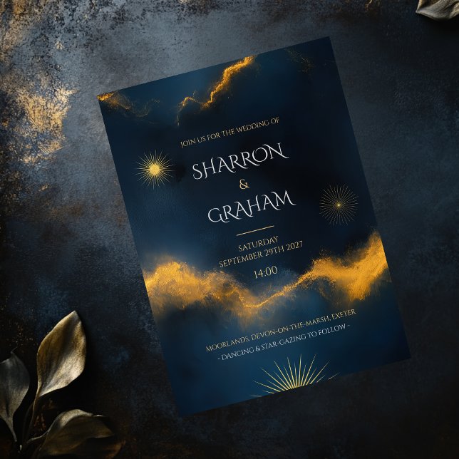 Celestial Bröllop - Midnight Blue Starry Night Inbjudningar (Celebrate your love story with a wedding invitation that captures the magic of the universe. )