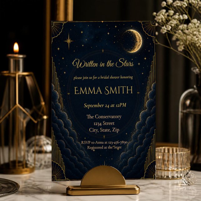 Celestial bröllopsdusch-inbjudan | Elegant Navy Inbjudningar (Elegant navy & gold celestial bridal shower invitation with moon, stars and luxurious Art Deco style)