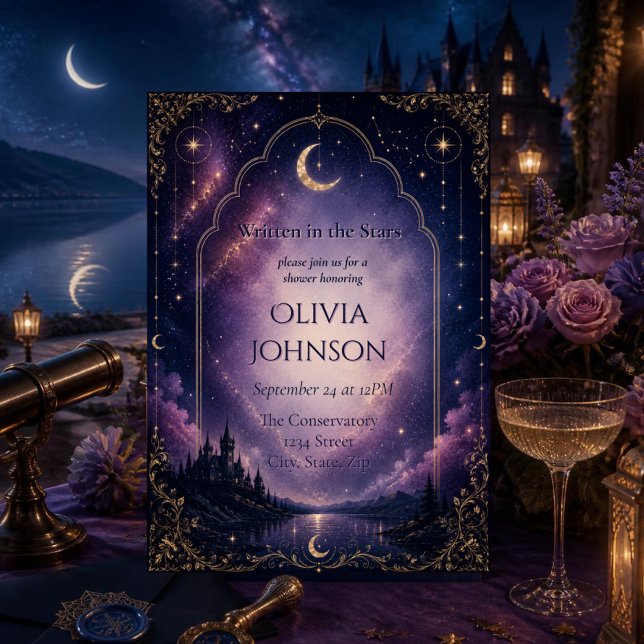 Celestial bröllopsdusch-inbjudan | Månljus Inbjudningar (Elegant celestial bridal shower invitation with moonlit castle, purple galaxy & gold Art Deco frame)