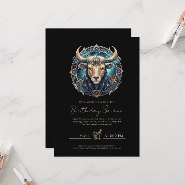 Celestial Bull Zodiac Symbol Black Gold Taurus Inbjudningar (Fram/Back In Situ)