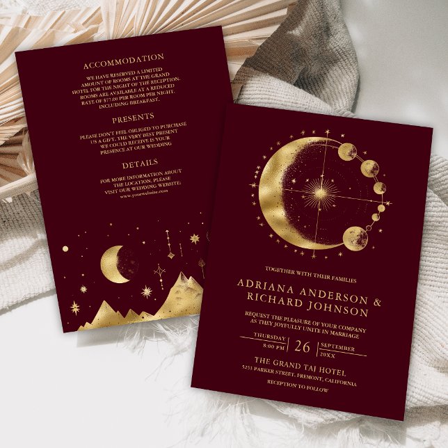 Celestial Burgundy Guld Halvmåne Bröllop Inbjudningar (Skapare uppladdad)