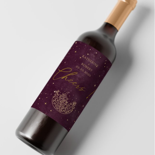 Celestial Burgundy Guld Måne Bröllop Vin Vinflaska Etikett (Skapare uppladdad)