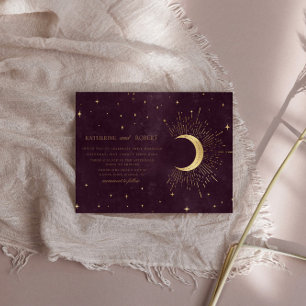 Celestial Burgundy Guld Måne och Stars Bröllop Inbjudningar