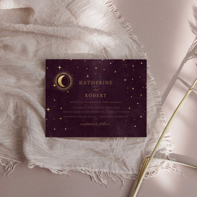 Celestial Burgundy Guld Måne och Stars Bröllop Inbjudningar (Skapare uppladdad)