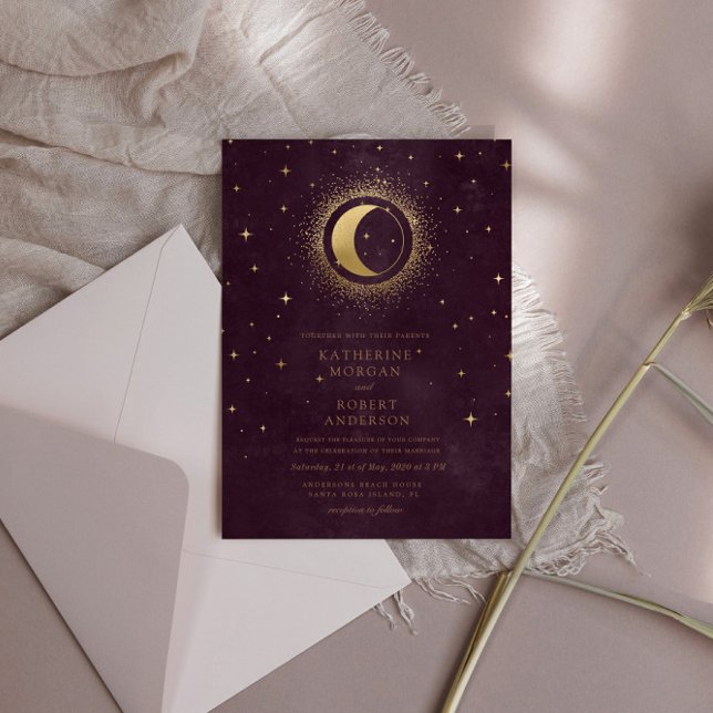 Celestial Burgundy Guld Måne och Stars Bröllop Inbjudningar (Skapare uppladdad)