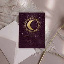 Celestial Burgundy Guld Måne sparar datumet Inbjudningar