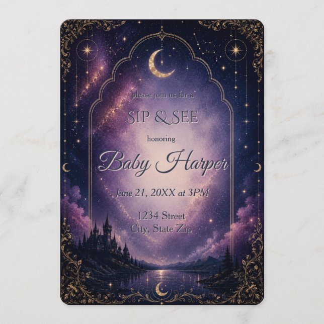 Celestial Castle Moon & Stars Sip and See Inbjudningar (Framsida)