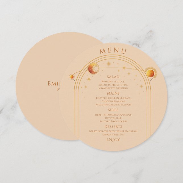 Celestial Champagne Guld Sol Måne Stars Bröllop Meny (Fram/baksida)