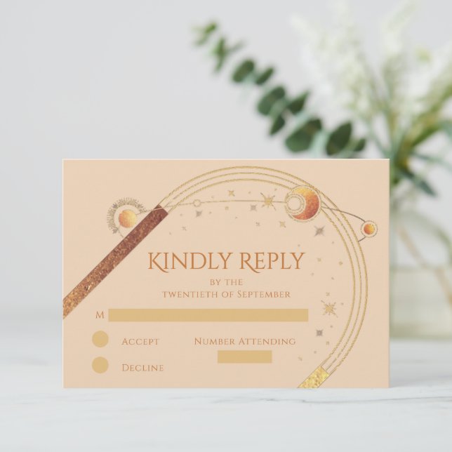 Celestial Champagne Guld Sol Måne Stars Bröllop OSA Kort (Stående Fram)