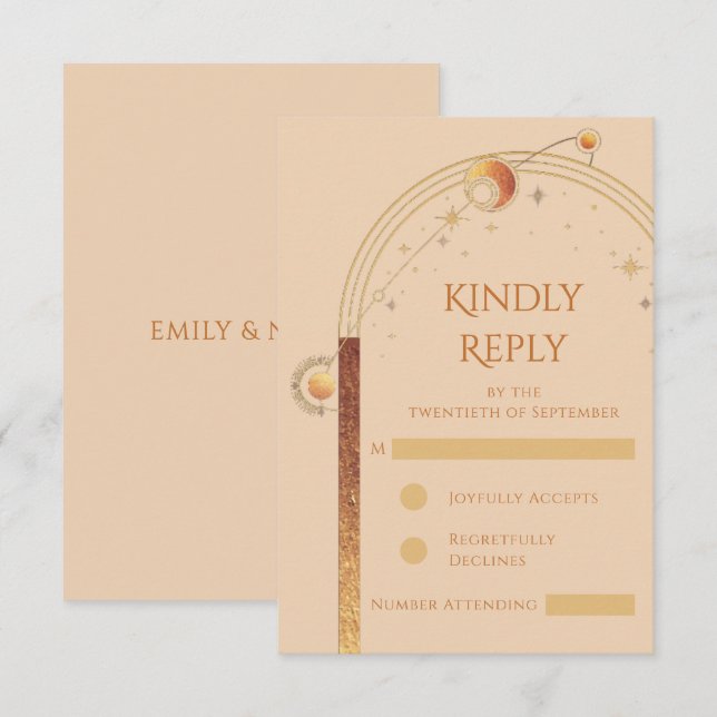 Celestial Champagne Guld Sol Måne Stars Bröllop OSA Kort (Fram/baksida)