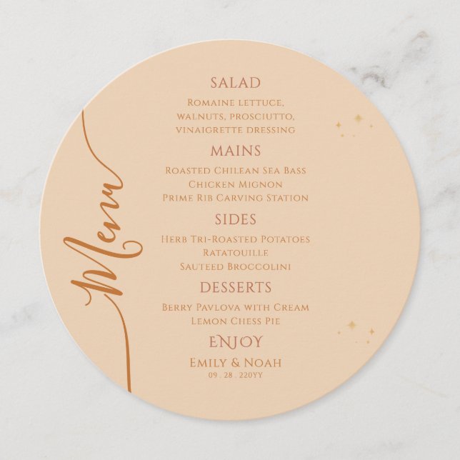 Celestial Champagne Sol Måne Stars Space Bröllop Meny (Framsida)