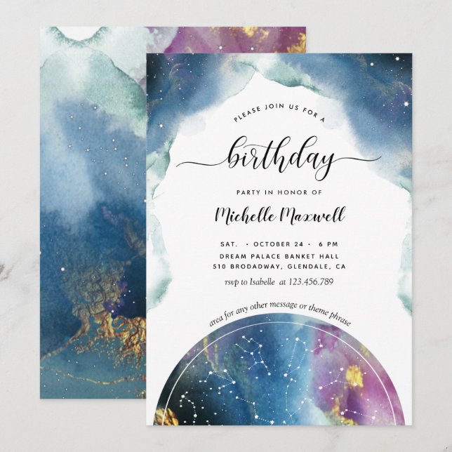 Celestial Constellations och Stars Birthday Inbjudningar (Fram/baksida)