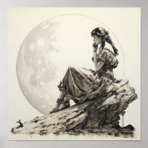 Celestial Contemplations: Flickan på Måne Ponderi Poster