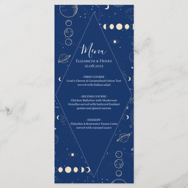 Celestial cosmic ethereal sun moon stars wedding meny (Framsida)