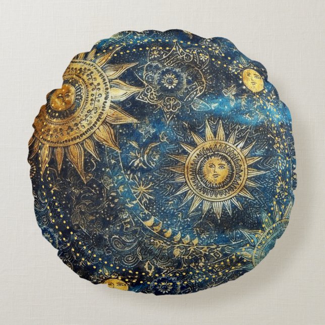 Celestial Cosmic Stars Planets Round Pillow Rund Kudde (Framsidan)