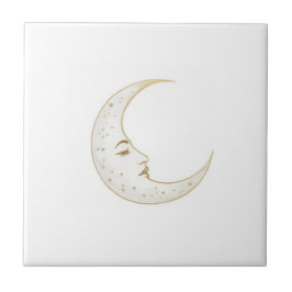 Celestial Crescent Moon Face Gold Silver White Kakelplatta