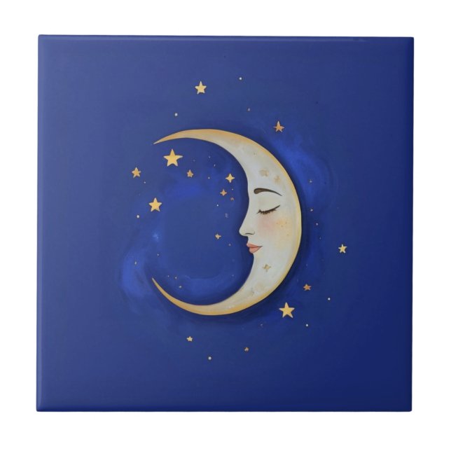 Celestial Crescent Moon with Face Gold Dark Blue Kakelplatta (Framsidan)