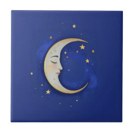 Celestial Crescent Moon with Face Gold Dark Blue Kakelplatta