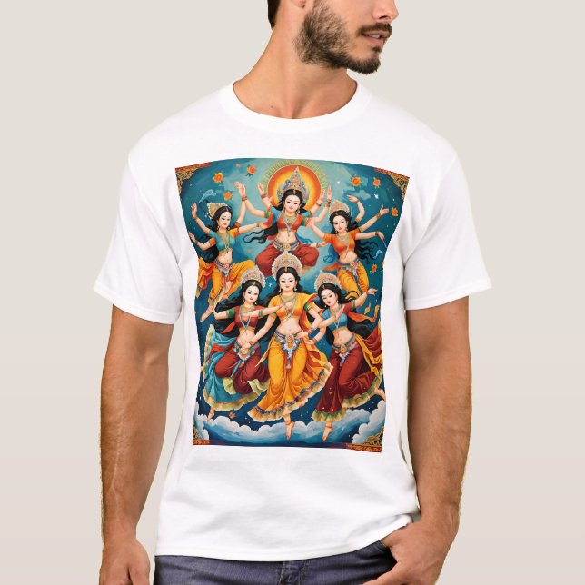 Celestial Dancers Procession - Thangka & Kalamkari T Shirt (Framsida)