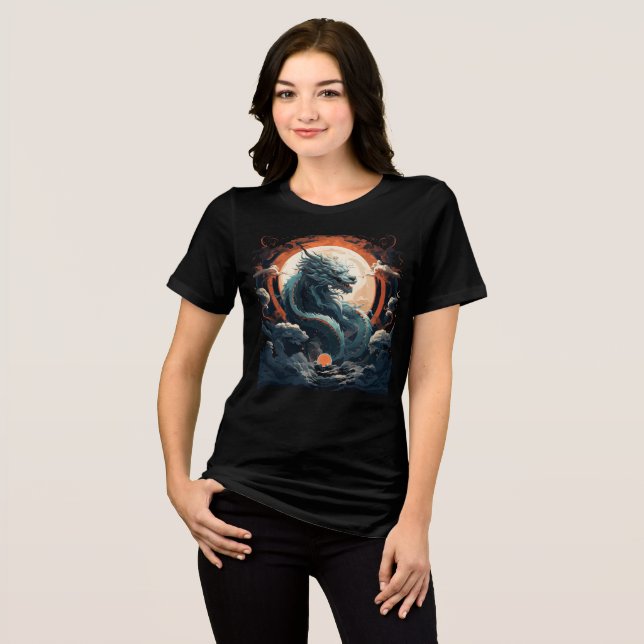 Celestial Dragon Beneath Burning Moon T Shirt (Framsida Full)