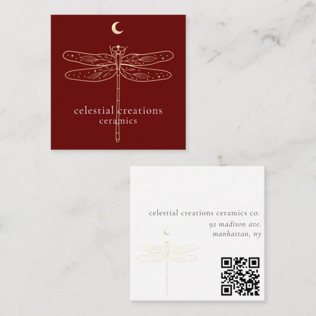 Celestial Dragonfly QR-kod Rött fyrkantskort Fyrkantigt Visitkort (Fram/baksida)