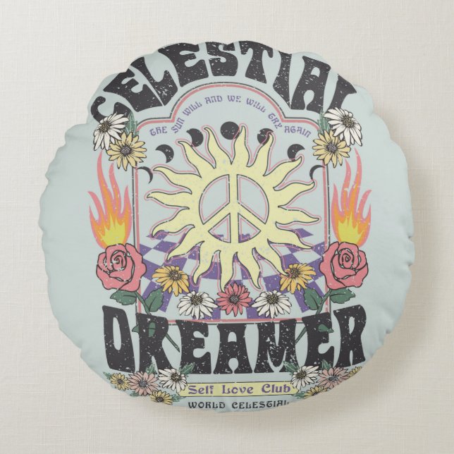 CELESTIAL DREAMER SOL RO TSHIRT-grafik DESIGNhi Rund Kudde (Framsidan)