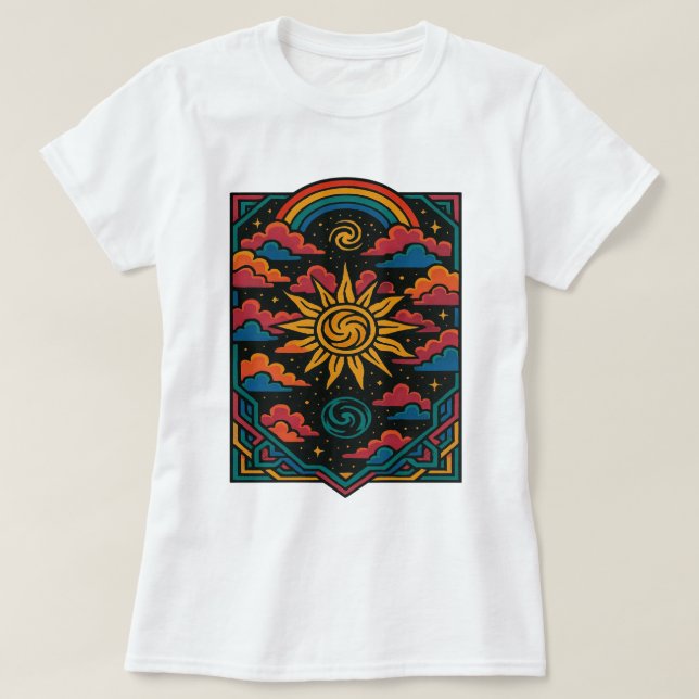 Celestial Dreams - Retro Sol & Rainbow Tarot Art T Shirt (Design framsida)
