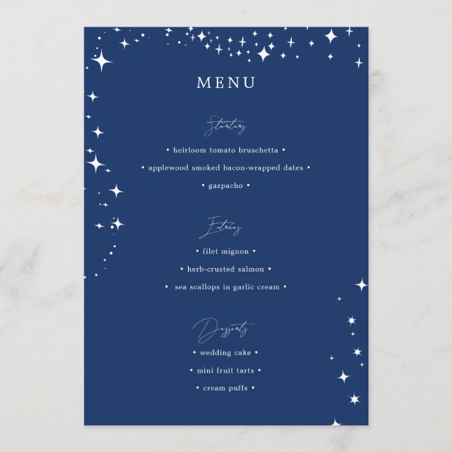 Celestial Elegant bröllop Simple Navy Blue Menu Meny (Framsida)