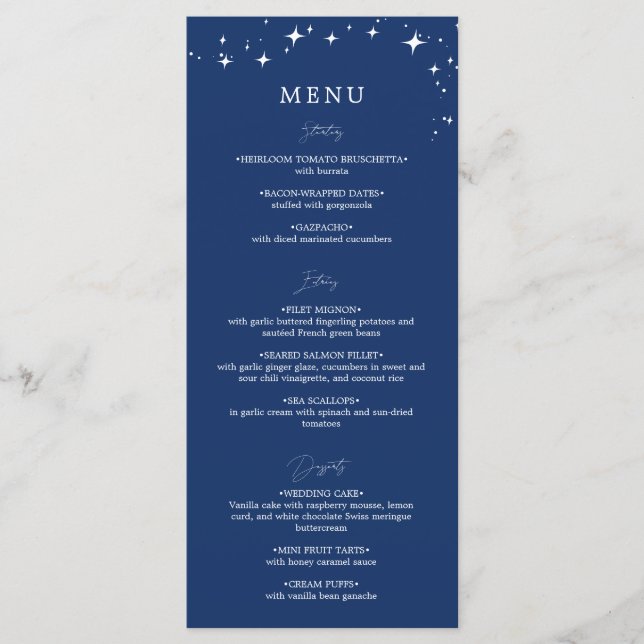 Celestial Elegant Navy Blue Wedding Flat Menu Meny (Framsida)