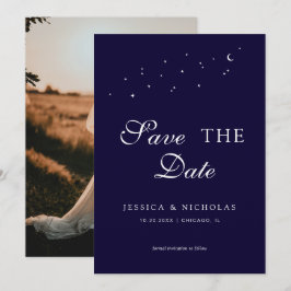 Celestial Elegant Script Blue Bröllop Photo Spara Datumet