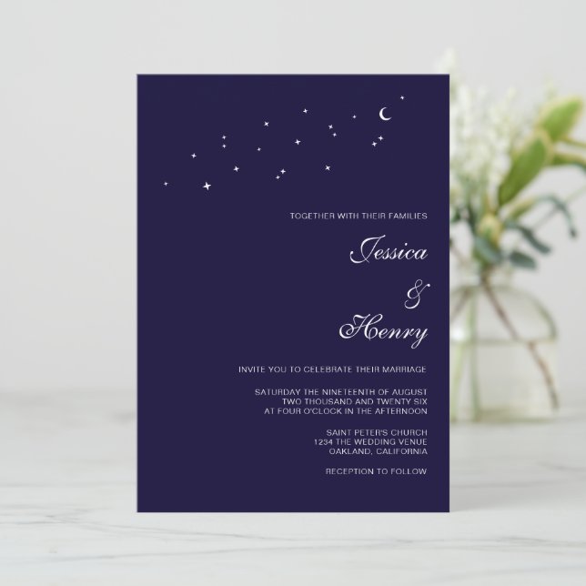 Celestial Elegant Script Midnatt Blå Bröllop  Inbjudningar (Stående Fram)
