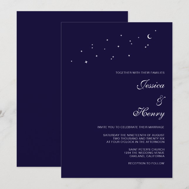 Celestial Elegant Script Midnight Blue Bröllop Inbjudningar (Fram/baksida)