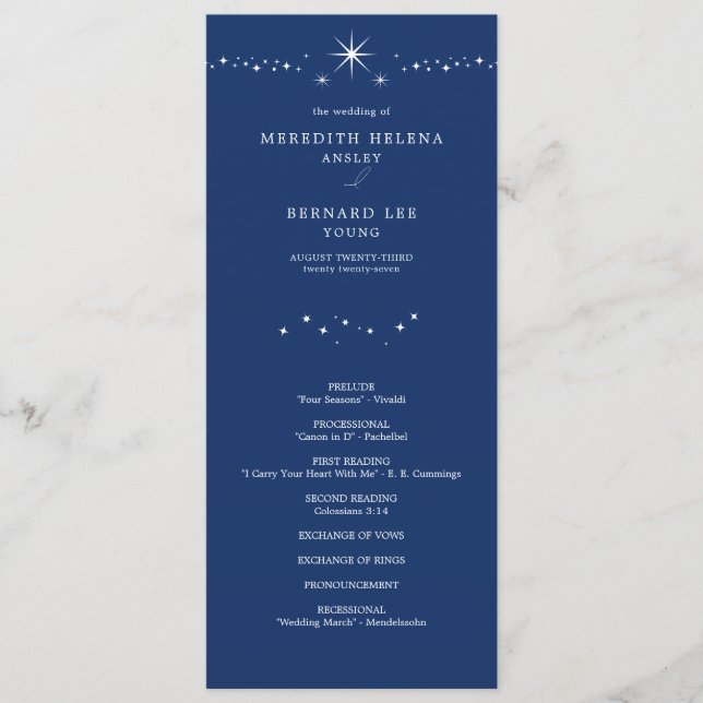 Celestial Elegant Stars Navy Blue Wedding Flat Program (Framsida)