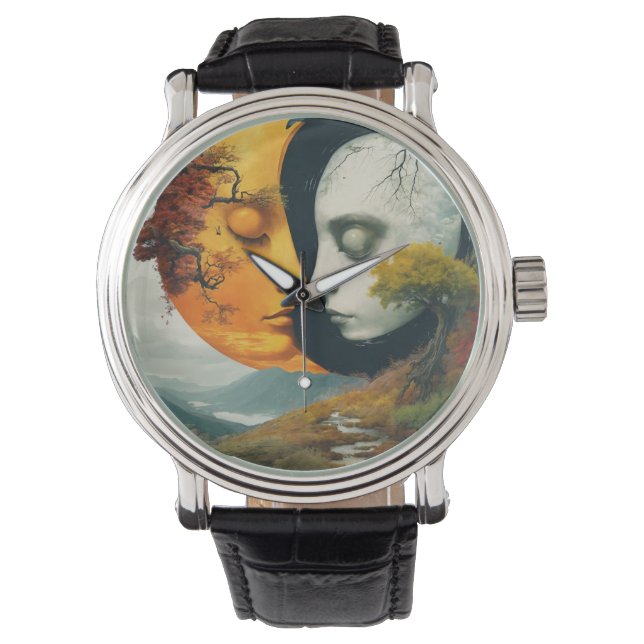 "Celestial Embrace: Sol & Måne Wrist Watch" Armbandsur (Framsida)