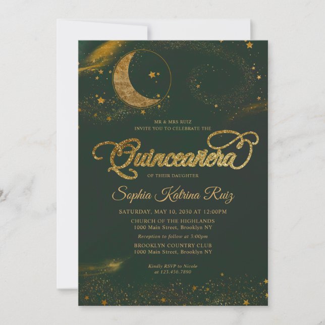 Celestial Emerald Grönt Guld Star Måne Quinceanera Inbjudningar (Framsida)
