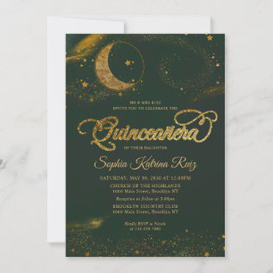 Celestial Emerald Grönt Guld Star Måne Quinceanera Inbjudningar