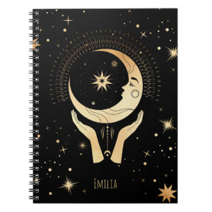 Celestial Esoteric Black Faux Guld Måne Händer Nam Anteckningsbok