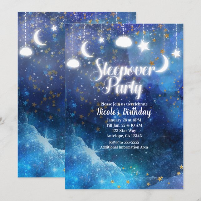 Celestial Fantasy Guldstjärnor Glöder Soveroverfes Inbjudningar (Fram/baksida)
