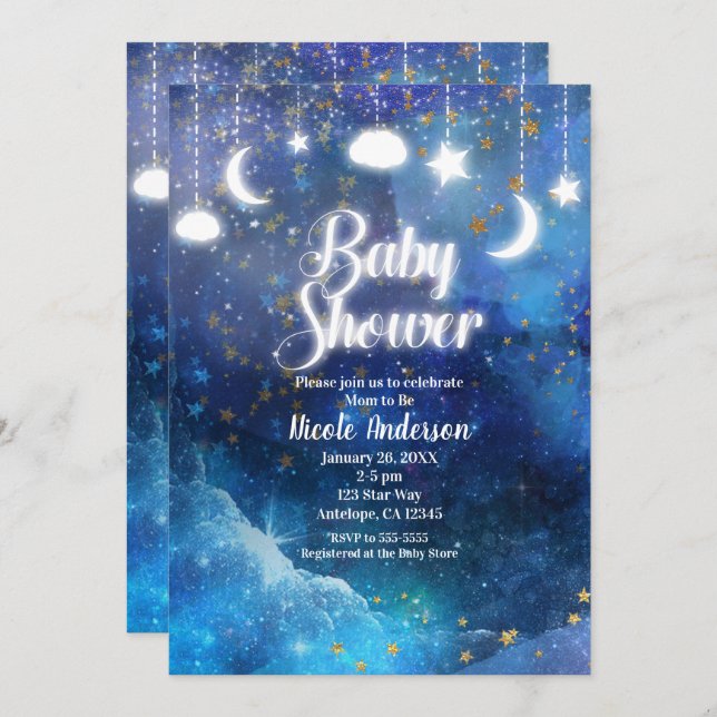 Celestial Fantasy Guldstjärnor & Glow Baby Shower Inbjudningar (Fram/baksida)