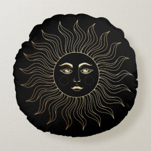 Celestial Faux Guld Sol Vintage Black Rund Kudde