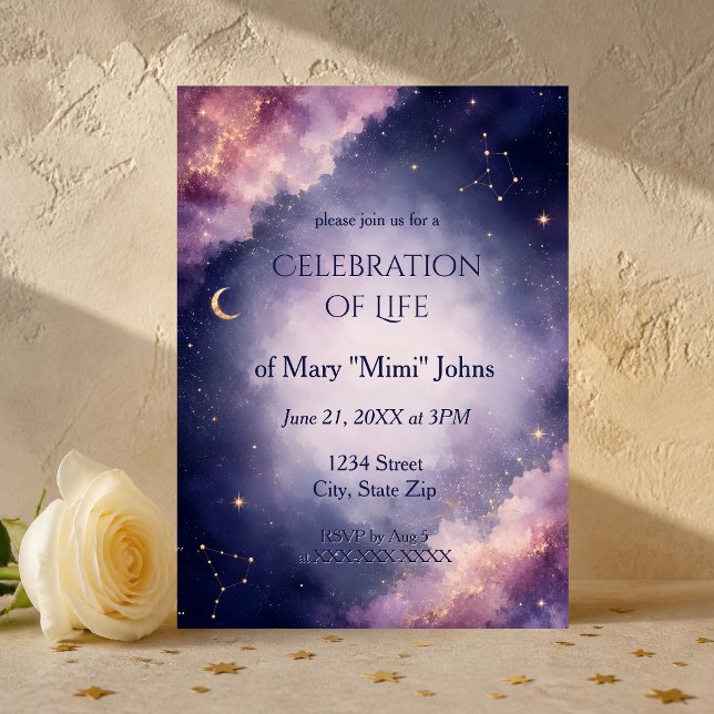 Celestial firande av liv inbjudan (Elegant celestial celebration of life invitation featuring watercolor nebula clouds and golden stars)