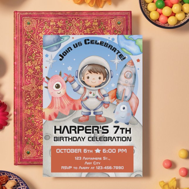 Celestial Firande: Light Blue Astronaut Inbjudningar (Light Blue Illustrative Astronaut Watercolor Birthday Invitation)